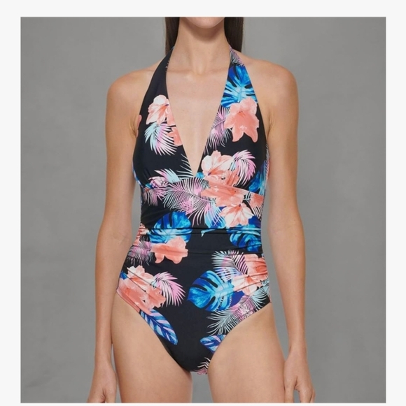 New With Tags DKNY Floral Black Tie Halter One Piece Swimsuit Size Large - Picture 11 of 13